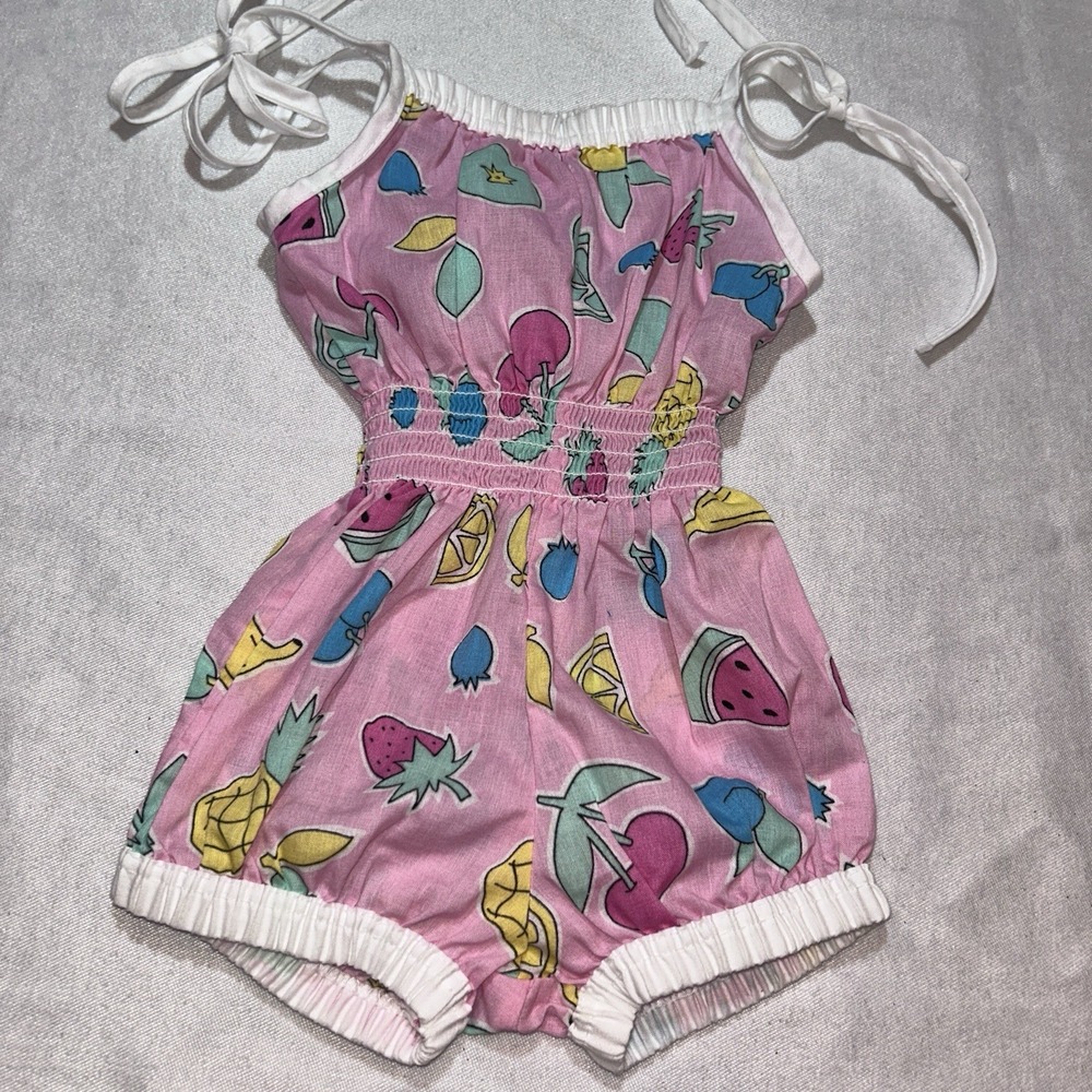 Sears Toddler Girls Pink Fruit Print Smocked‎ Romper Jumper Size 3T